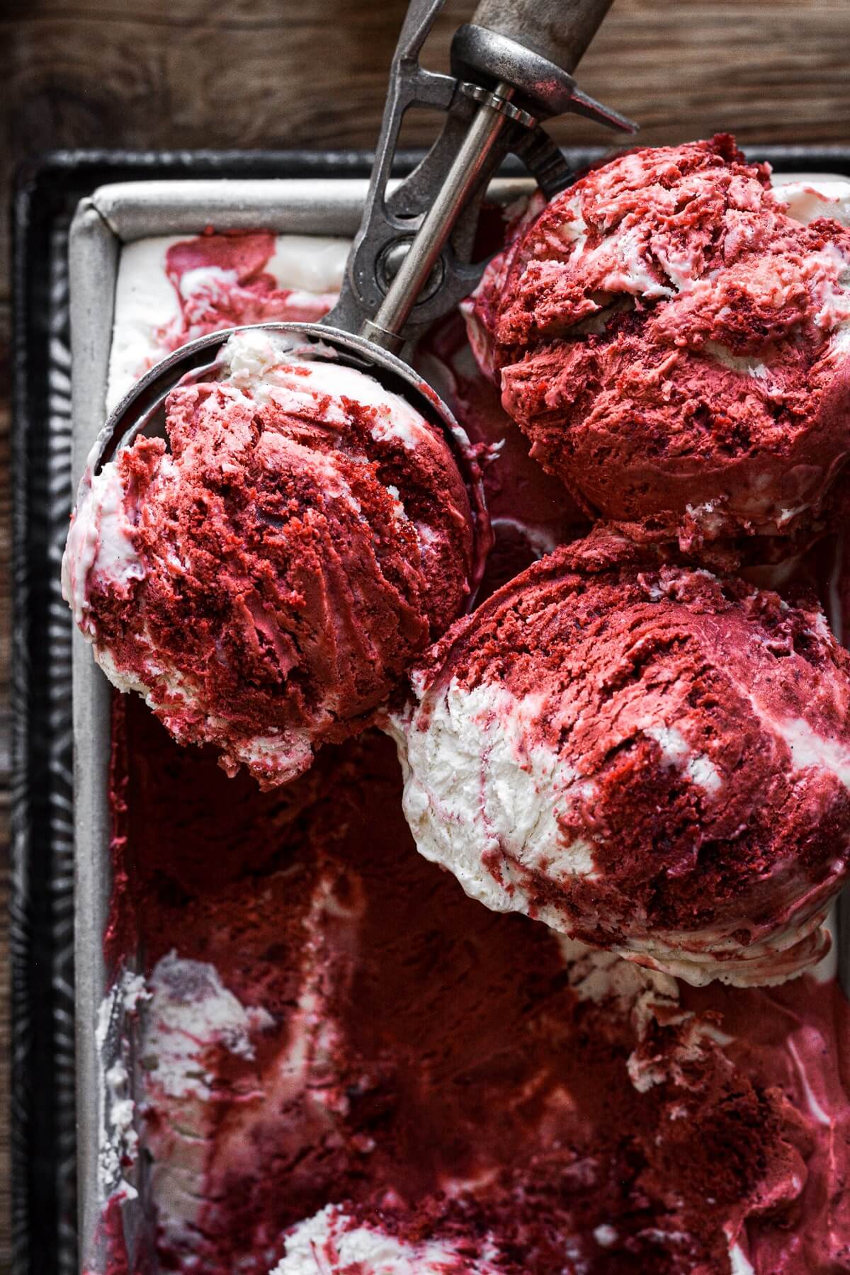 three scoops of red velvet ice-cream